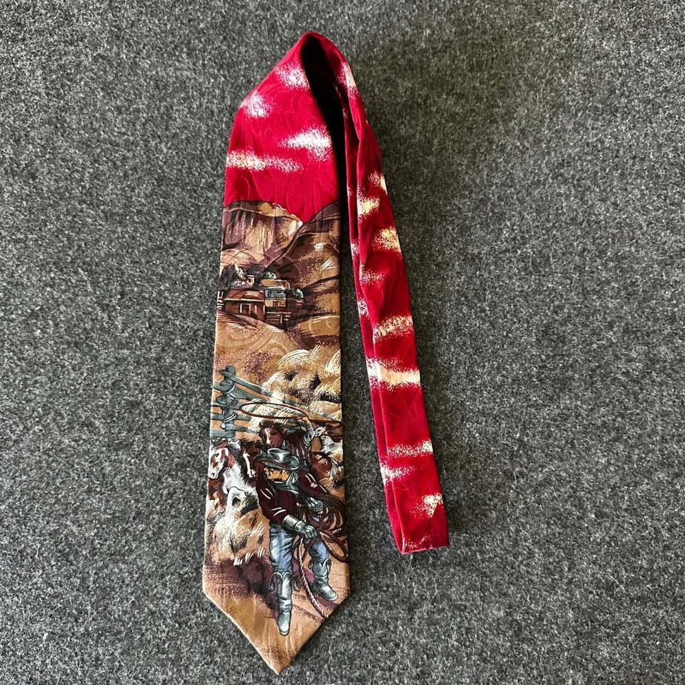 Rockmount Ranch Wear Tru-West Silk Tie Western Cowboy Wild Horses Red Tan